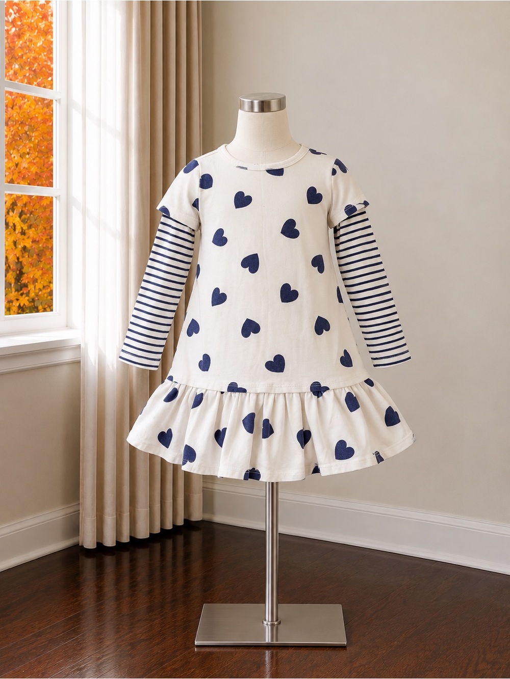 Old Navy Cream Dress with Navy Heart Print and Striped Sleeves